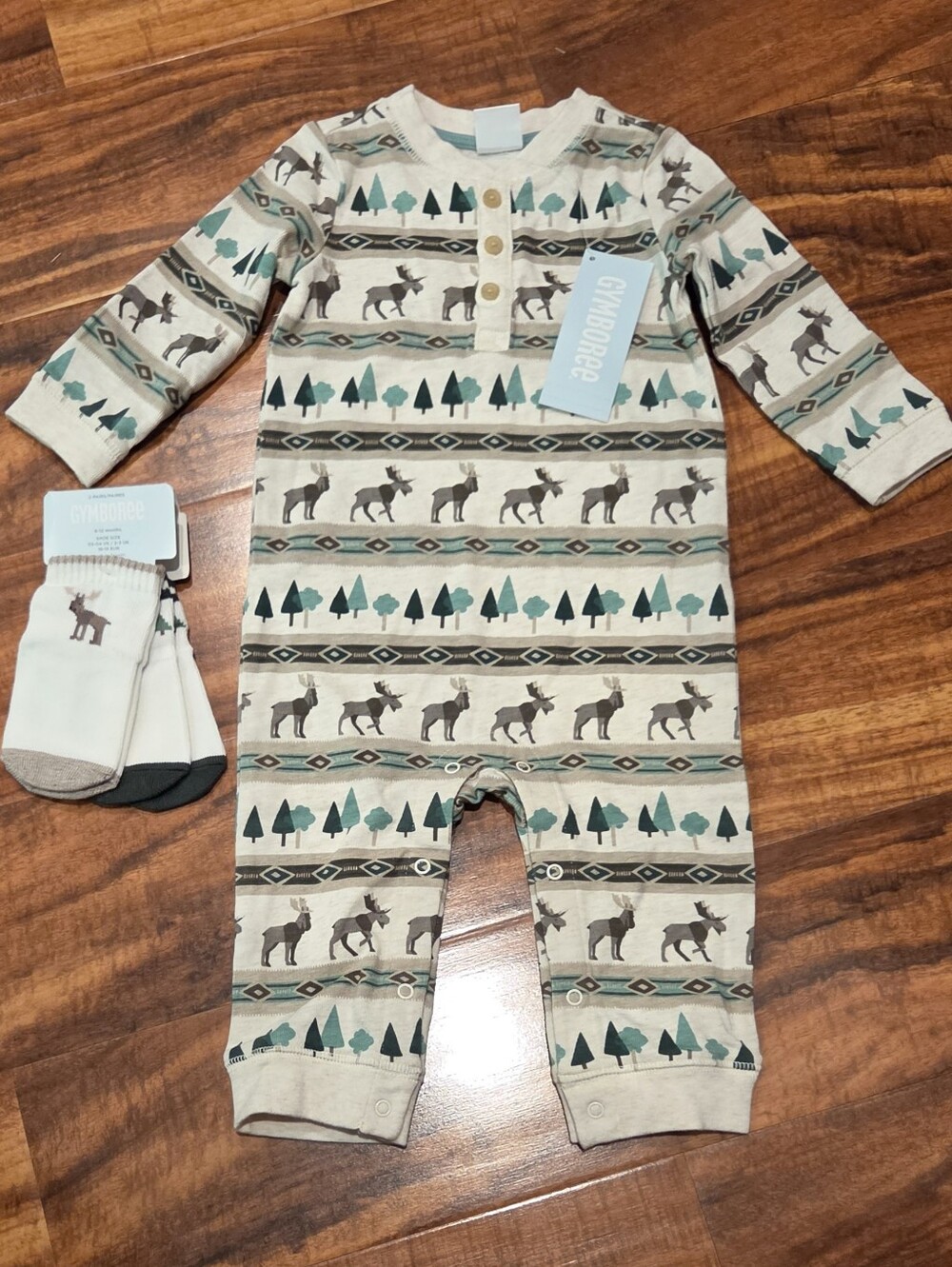 Gymboree NWT 6-12 Months Moose Print One-Piece Romper and 2-pack Socks